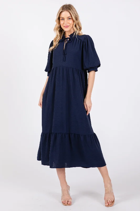 Trendy Street Style Navy Balloon Sleeve Split Neck Midi Dress