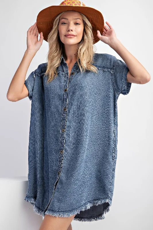 Exclusive Online Sale Navy Chambray Frayed Button Down Dress