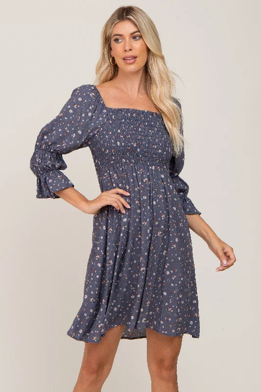 Relaxed Fit Women's Fashion Navy Floral Ruffle Sleeve Smocked Dress