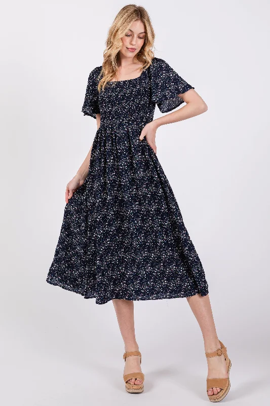 Women's Professional Outfit Navy Floral Square Neck Smocked Maternity Midi Dress