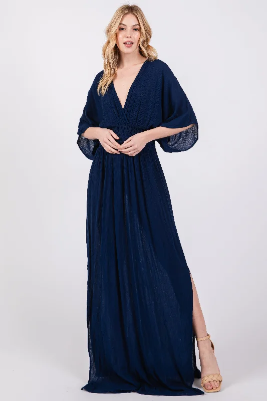 Women's Vacation Outfit Set Navy Lightweight Deep V-Neck Maxi Dress