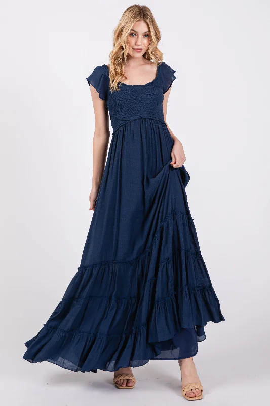 Women's Evening Wear Navy Smocked Crossover Off Shoulder Maxi Dress