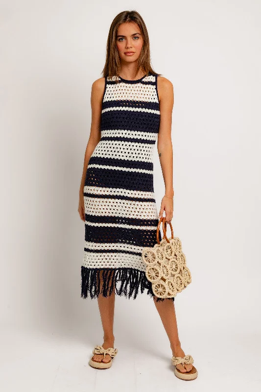 Sale Clothes Online Navy Striped Crochet Fringe Coverup Dress