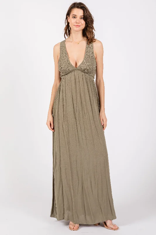 Elegant Women's Clothing Olive Deep V-Neck Cross Back Maxi Dress