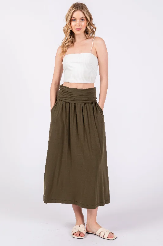 Elegant Fashion Olive Fold-Over Maxi Skirt