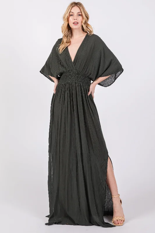 Casual Women's Clothing Olive Lightweight Deep V-Neck Maxi Dress