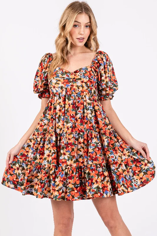 Women's Evening Attire Orange Multi-Color Floral Puff Sleeve Ruffle Hem Dress