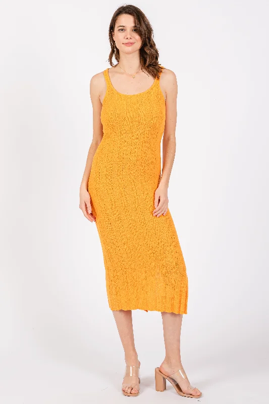 Clothes Women Orange Rib Knit Side Slit Maxi Dress