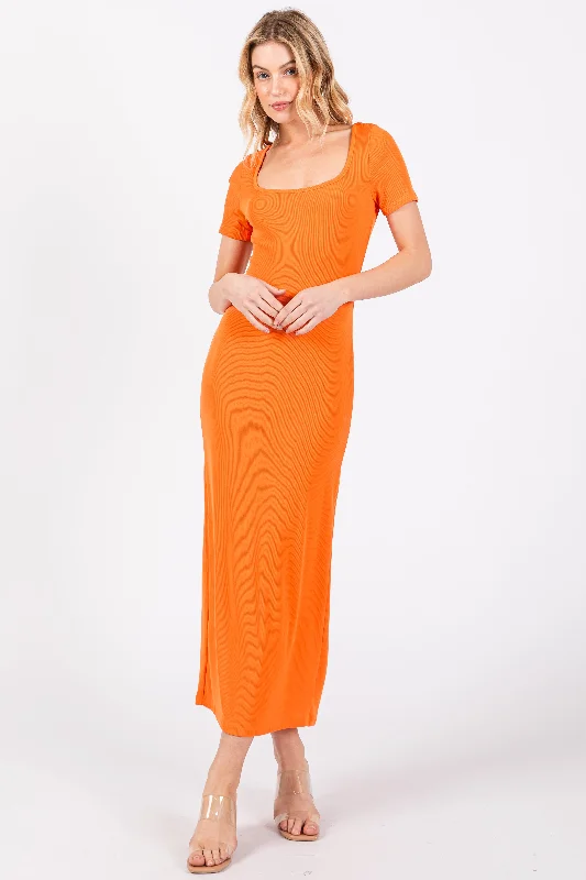 Woman Clothing Orange Ribbed Fitted Midi Dress