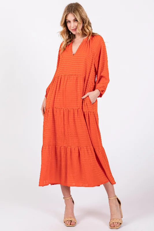 Women's Casual Dresses Orange Textured Tiered Midi Dress