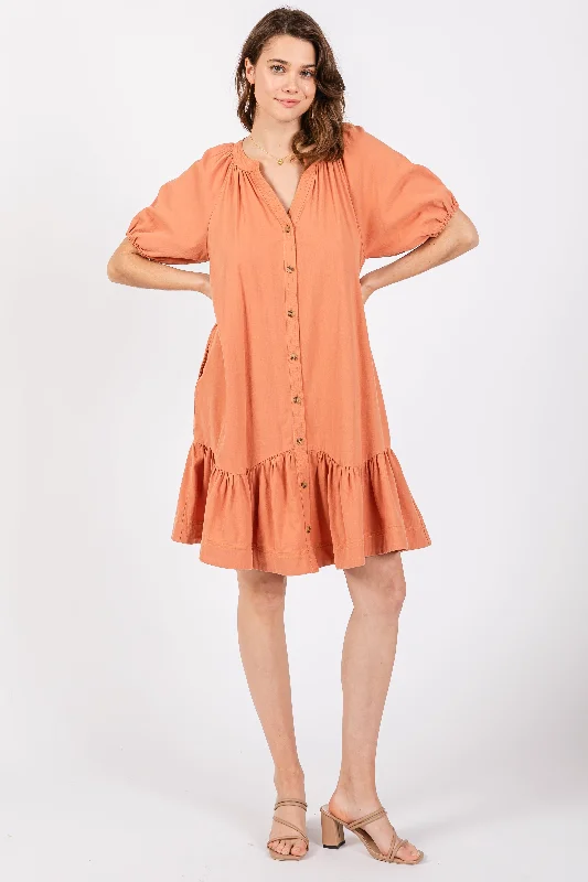 High-End Women's Apparel Peach Button Front Short Puff Sleeve Dress