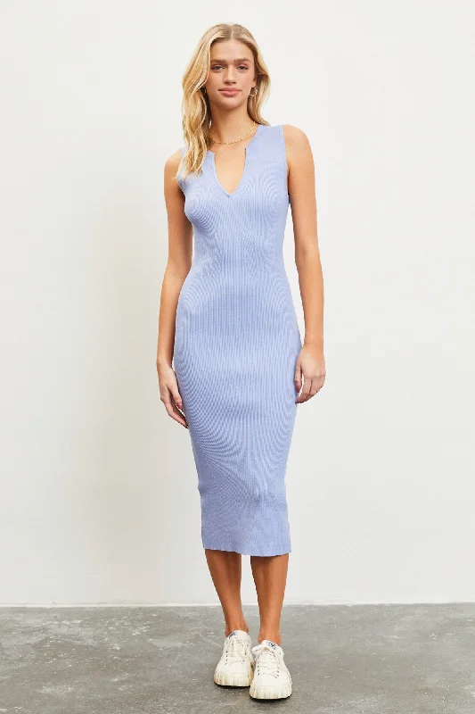 Women's Evening Wear for Special Occasions Periwinkle V-Neck Knit Midi Dress