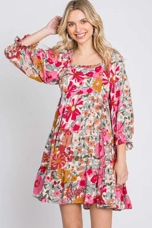 Women's Date Night Outfit Pink Floral 3/4 Sleeve Tiered Dress