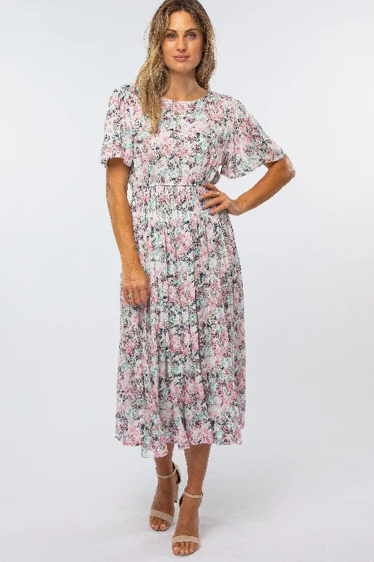 Women's Garments Pink Floral Pleated Midi Dress