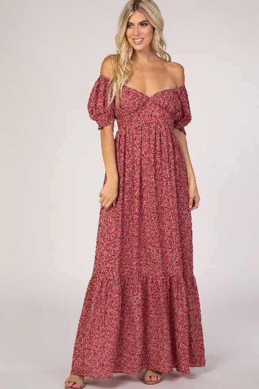 Women's Functional Outdoor Garments Pink Floral Puff Sleeve Maxi Dress