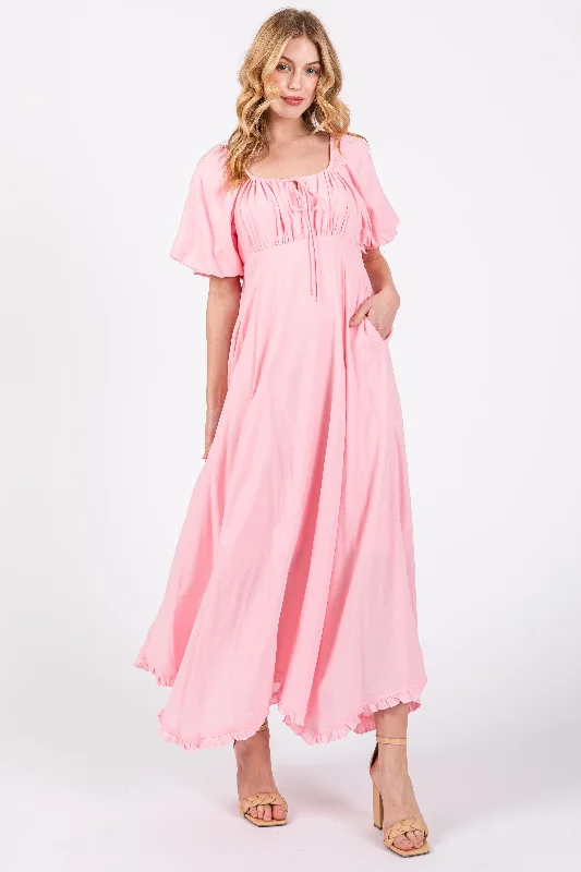 Casual Dresses for Women Pink Front Tie Puff Sleeve Maxi Dress