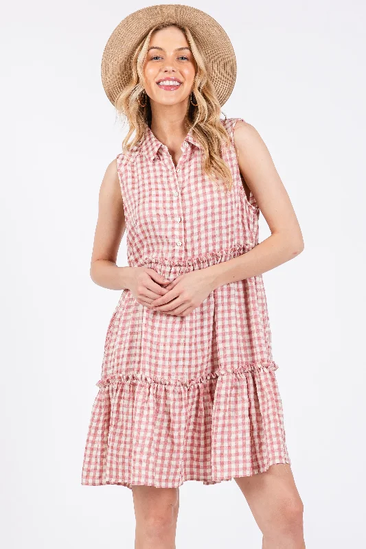 Classic Women's Fashion Pink Gingham Button Front Collared Dress