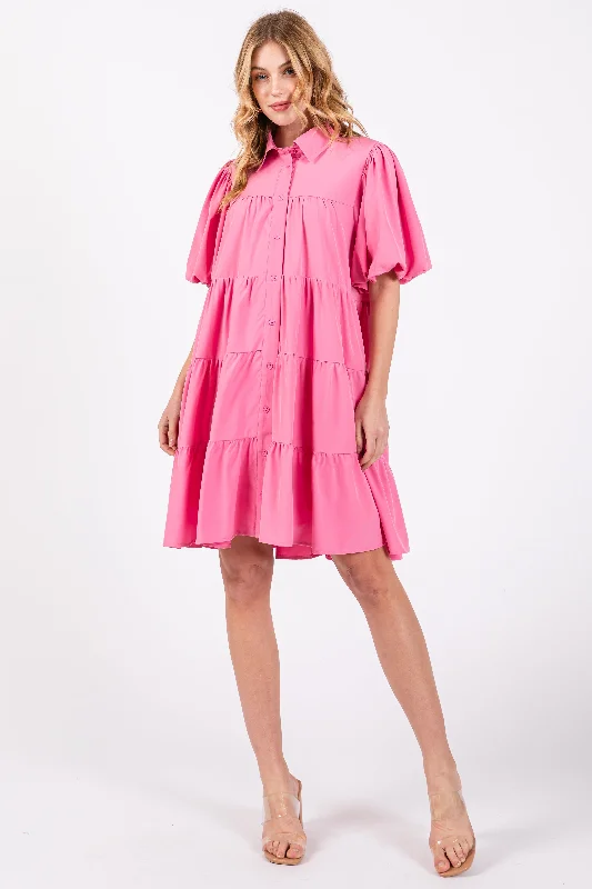 Trendy Casual Outfits Pink Puff Sleeve Mini Shirt Dress