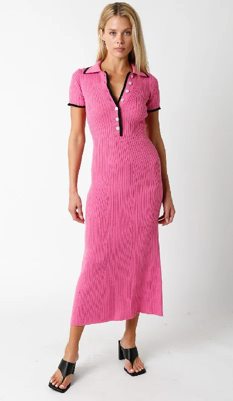 Women Online Clothing Boutiques Pink Ribbed Knit Collared Button Front Dress