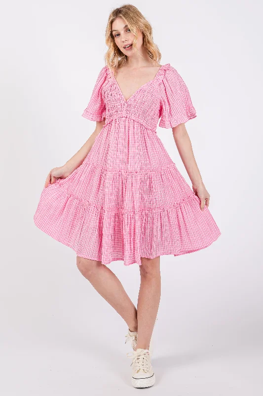 Women's Clothing Outfit Set Pink Smocked V-Neck Ruffle Short Sleeve Tiered Dress