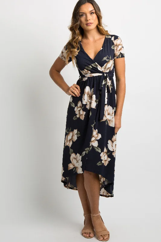 Women's Athletic Apparel PinkBlush Navy Blue Floral Hi-Low Wrap Dress