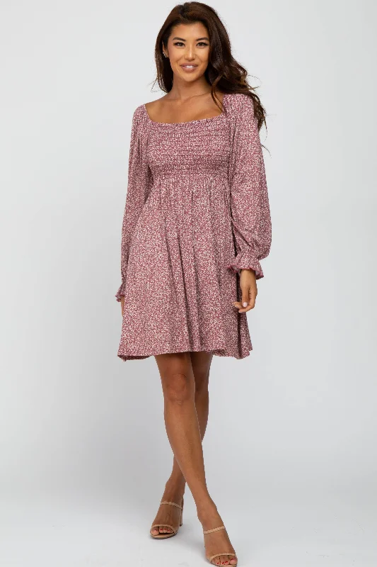 Women's Plus-Size Attire Plum Floral Smocked Peasant Sleeve Dress