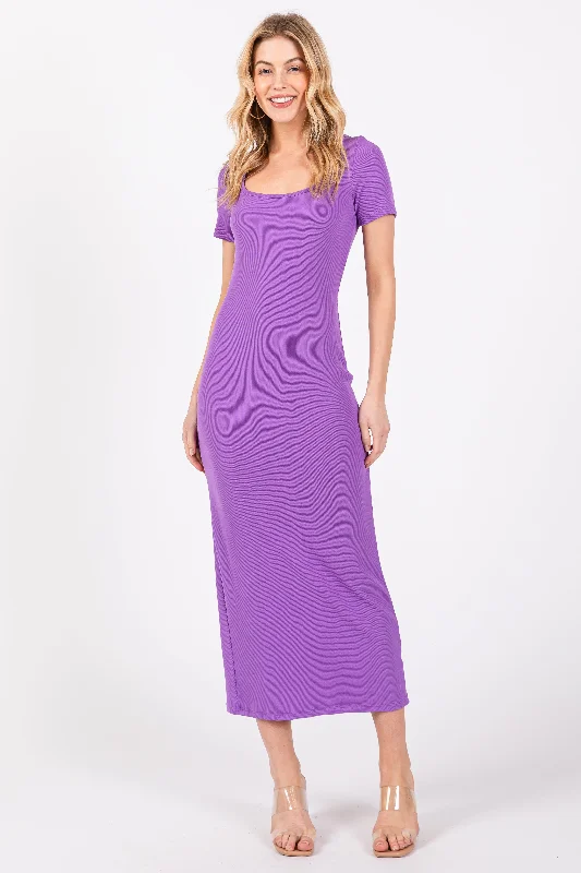 Clothing Store Purple Ribbed Fitted Midi Dress