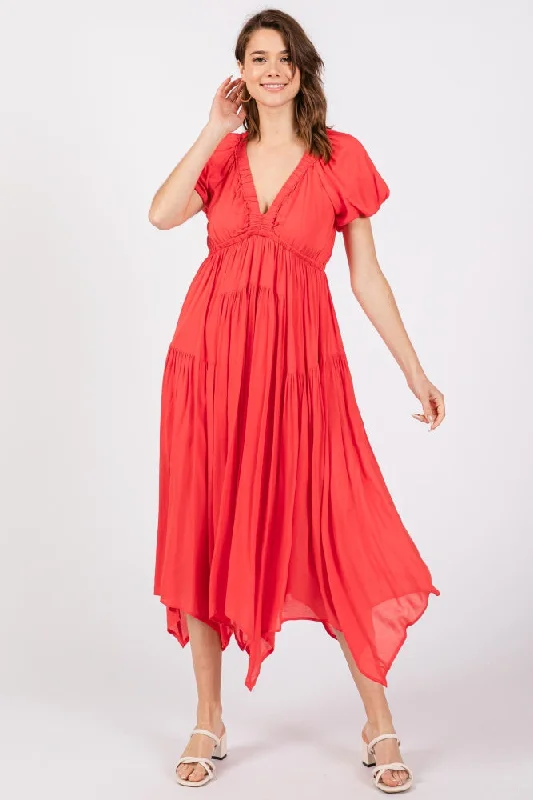 Stylish Savings Red Deep V-Neck Puff Short Sleeve Asymmetrical Hem Midi Dress