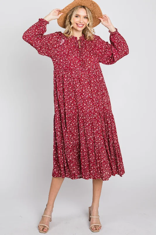 Affordable Women's Attire Red Floral Tiered Long Sleeve Midi Dress