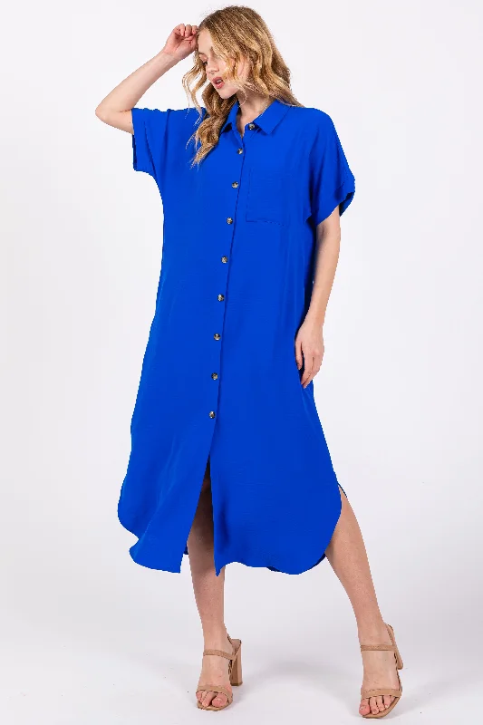 Timeless Women's Outfit Royal Blue Button Down Front Pocket Midi Dress