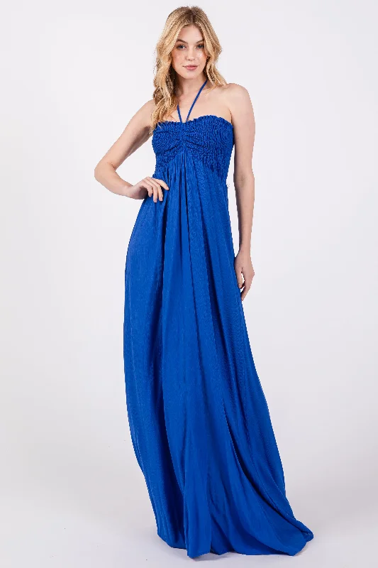 Casual Outfit For Women Royal Blue Smocked Halter Maxi Dress