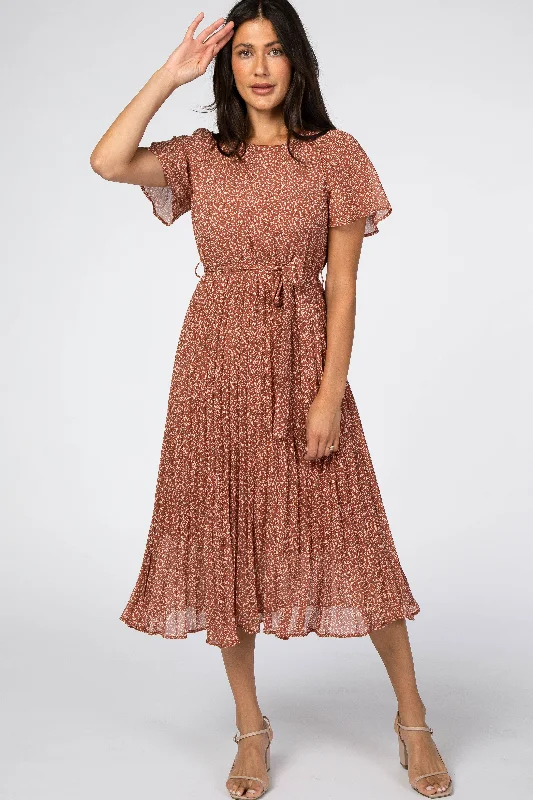 Comfortable Garments For Women Rust Leaf Print Pleated Midi Dress