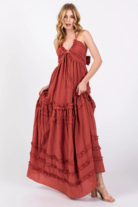 Women's Cozy Outfit For Lounging Rust Ruffle Ruched Deep V-Neck Maxi Dress