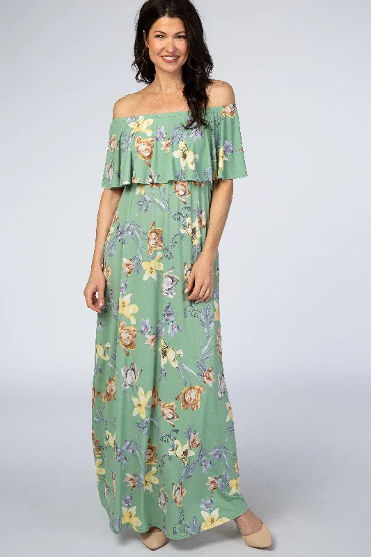 Women's Stylish Professional Garments Sage Floral Off Shoulder Maxi Dress