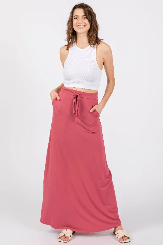 Vintage-Inspired Women's Apparel Salmon Drawstring Maxi Skirt