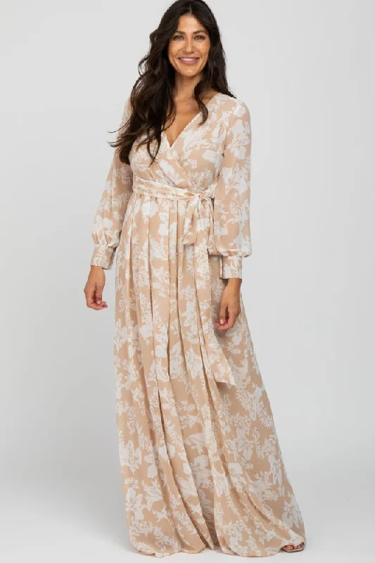 Women's Chic Outerwear Attire Taupe Floral Chiffon Maxi Dress