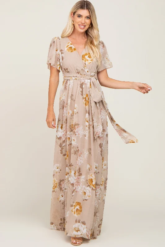 Women's High Street Fashion Taupe Floral Chiffon Wrap Short Sleeve Maxi Dress