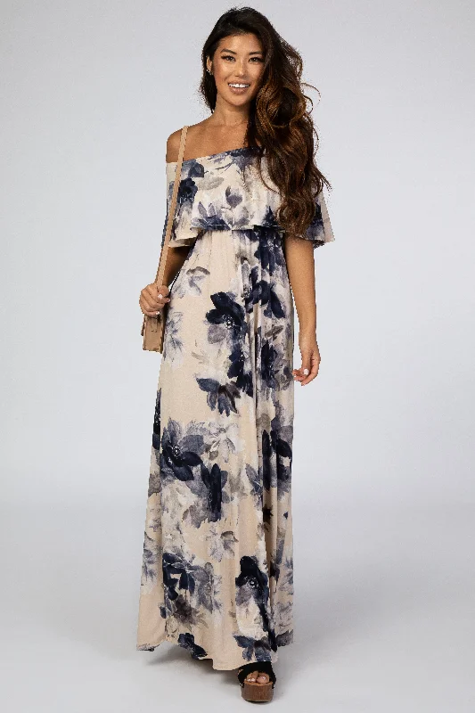 Women's Evening Garments Taupe Navy Floral Off Shoulder Maxi Dress