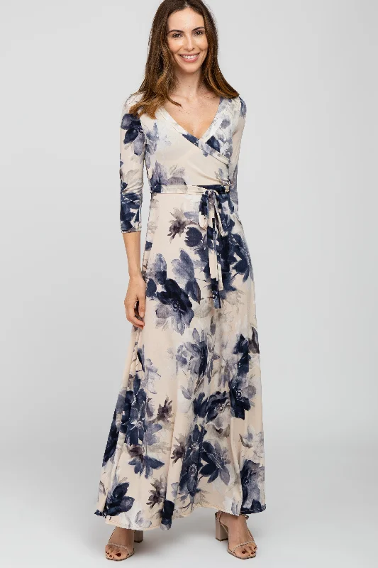 Women's Cozy Winter Attire Taupe Navy Floral Wrap Maxi Dress