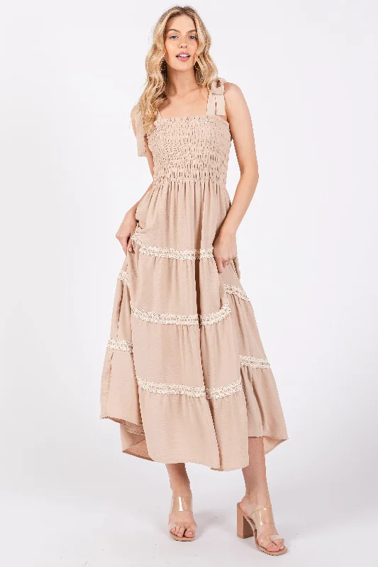 Chic And Comfortable Taupe Smocked Maxi Dress