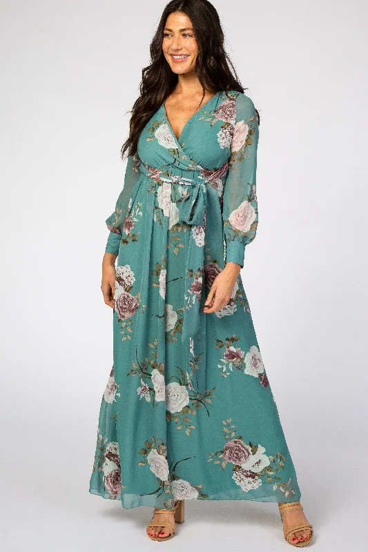 Women's Active Garments For Workouts Teal Floral Chiffon Maternity Maxi Dress