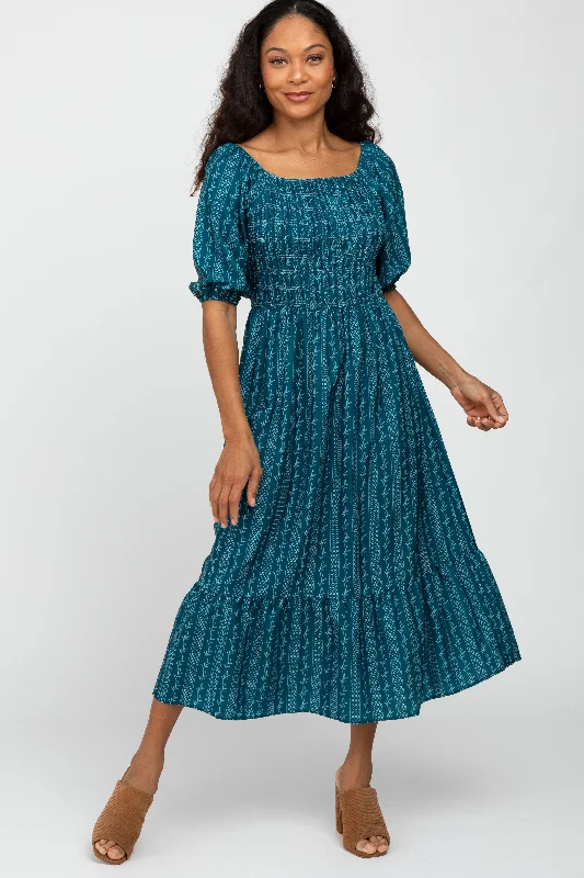 Women's Evening Wear Attire Teal Leaf Print Smocked Midi Dress