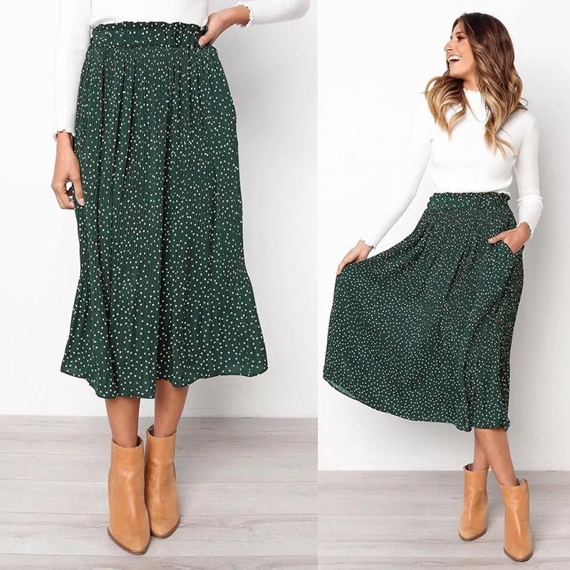 Trendy Casual Outfits Women's Elastic High Waist Pleated Midi Skirt