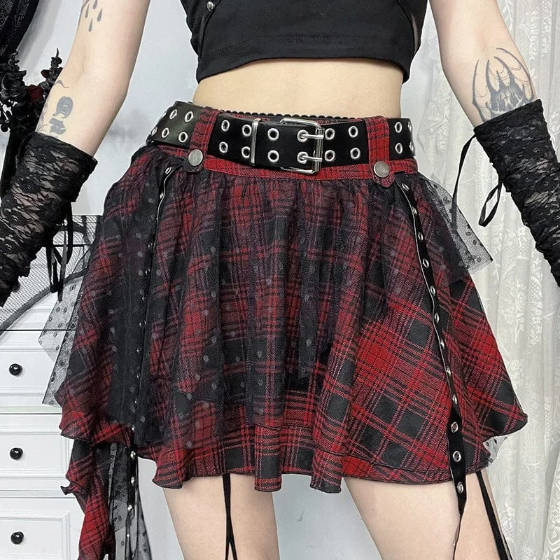 Stylish Savings Women's Grunge Mesh Grid Bubble Short Skirt Red