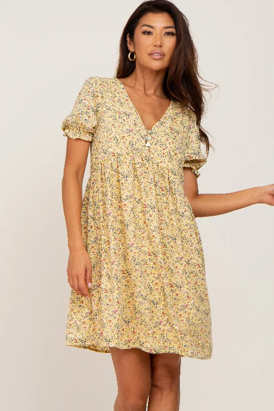 Casual Fashion Trends for Women Yellow Floral V-Neck Button Dress