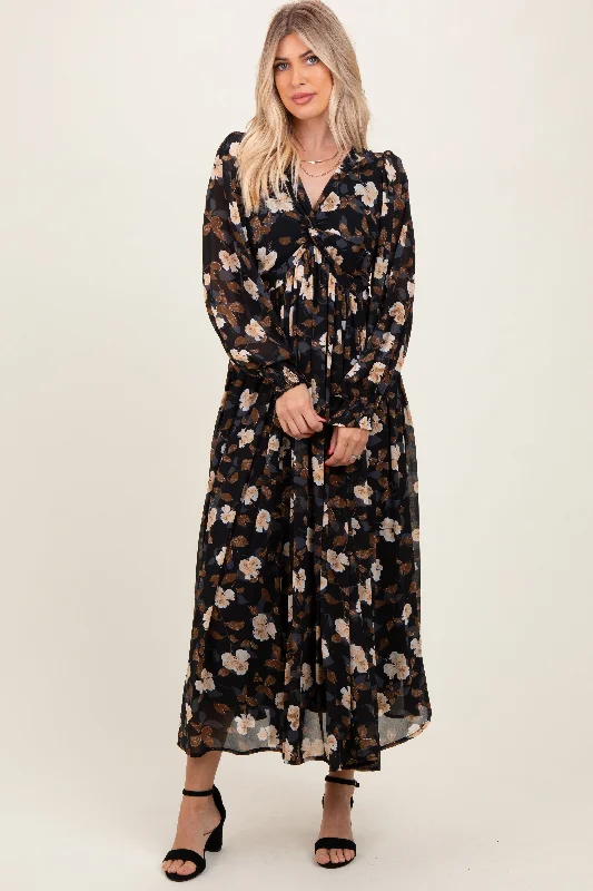 Women's Clothing Apparel Black Floral Chiffon Twist Front Wrap Maxi Dress