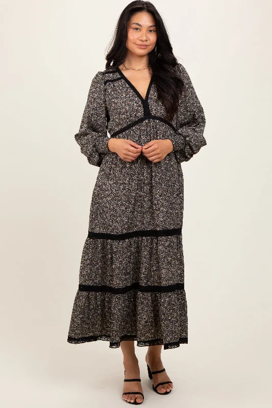 Women's Luxury Apparel Black Floral Lace Trim Bubble Sleeve Maxi Dress