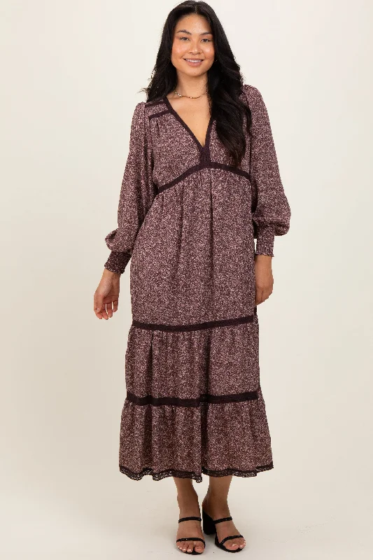 Women's Clothing Apparel Sets Brown Floral Lace Trim Bubble Sleeve Maxi Dress