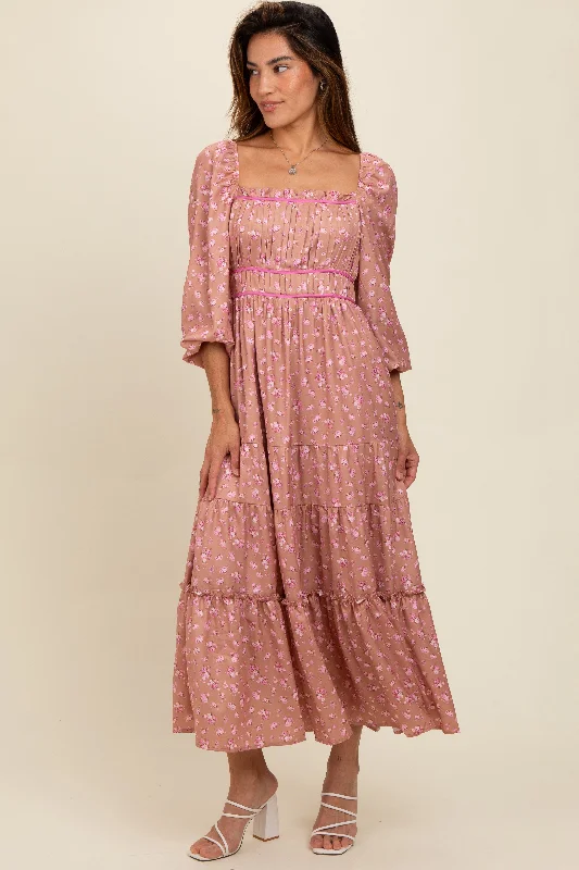 Women's Casual Apparel For Weekends Mauve Satin Floral Pleated Tiered Maxi Dress