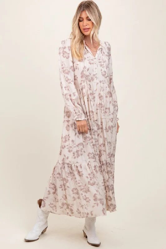 Women's Clothes And Apparel Mocha Floral Button Front Tiered Long Sleeve Maxi Dress